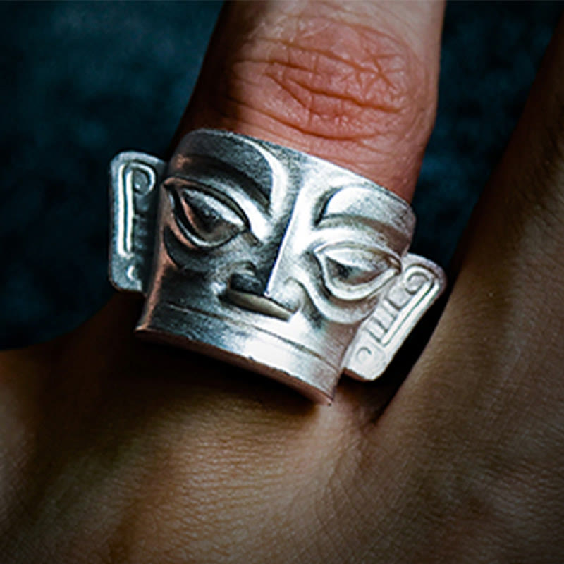 Sanxingdui-Maskenring aus 999er Sterlingsilber