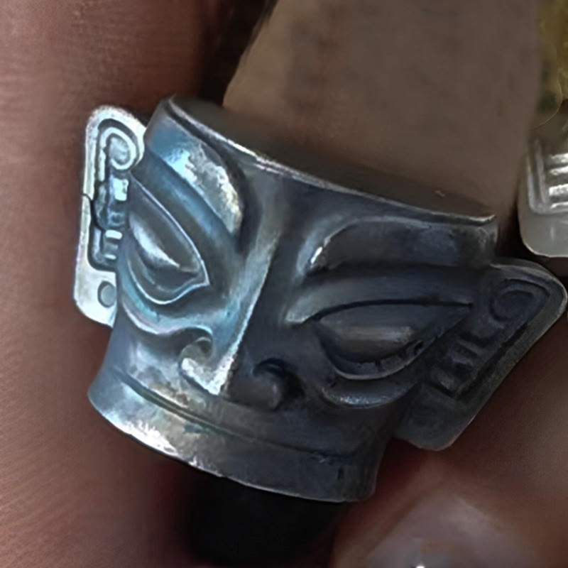Sanxingdui-Maskenring aus 999er Sterlingsilber
