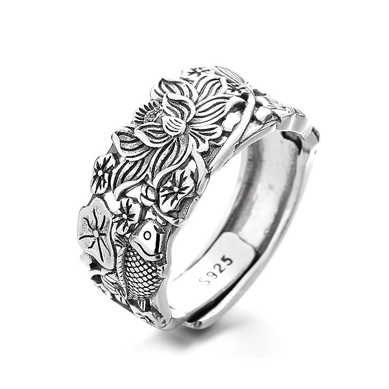 Adjustable Sterling Silver Koi Fish Lotus Prosperity Ring