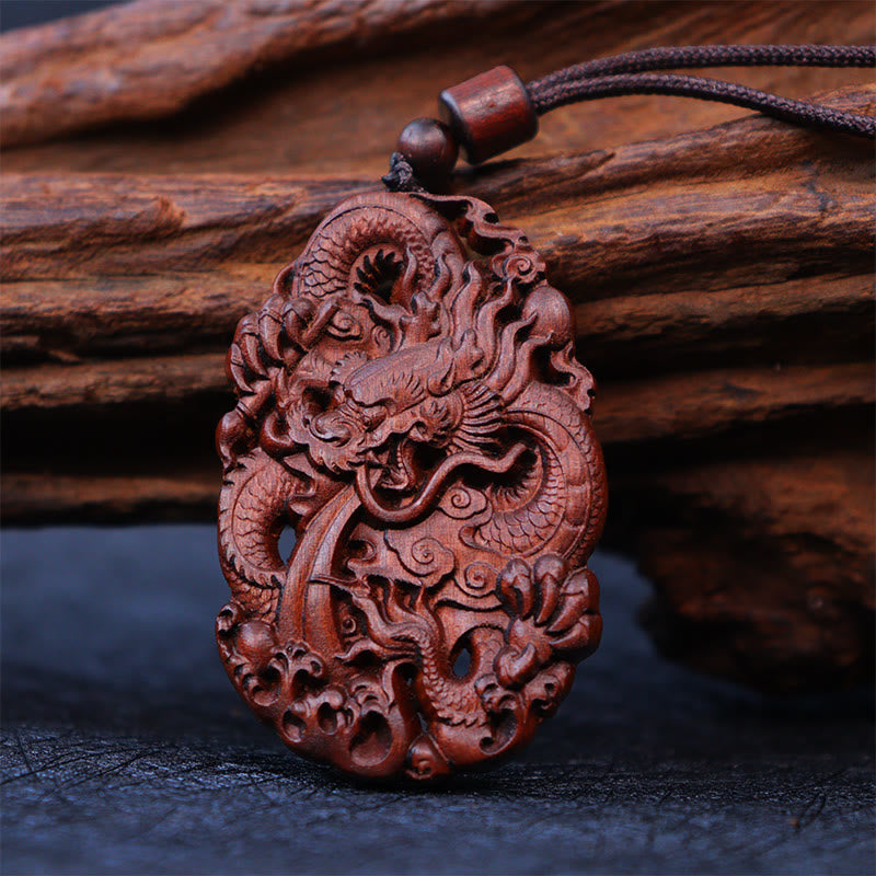 Lightning Struck Jujube Wood Double Dragon Protection Pendant