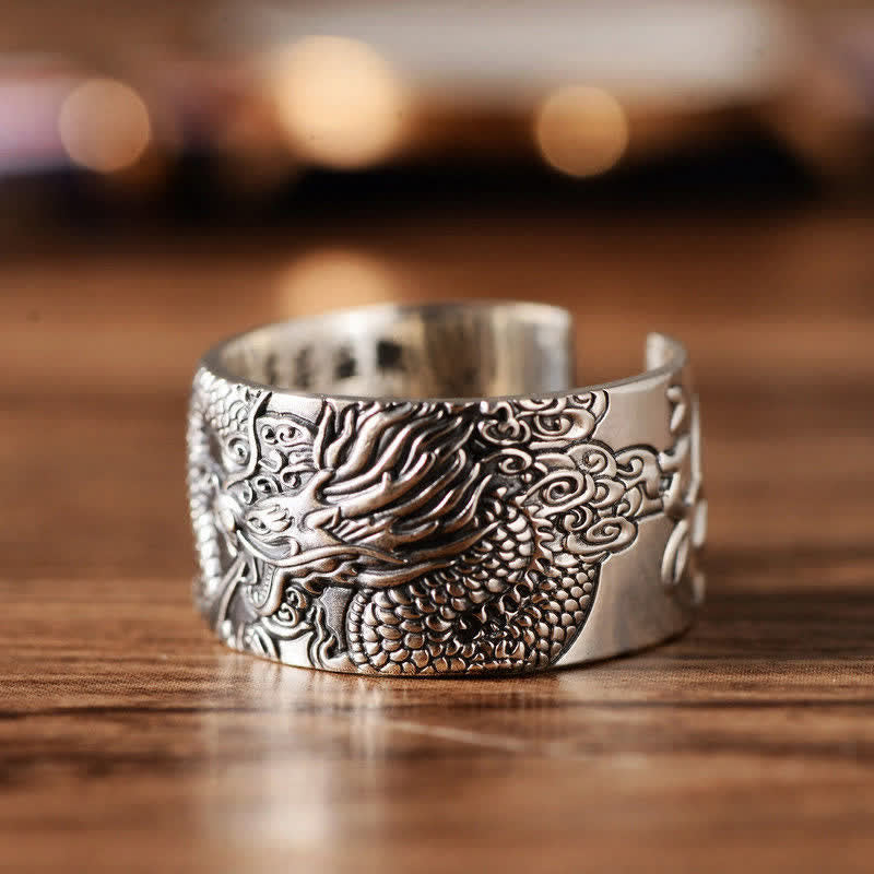 Adjustable 999 Sterling Silver Dragon Protection Success Ring