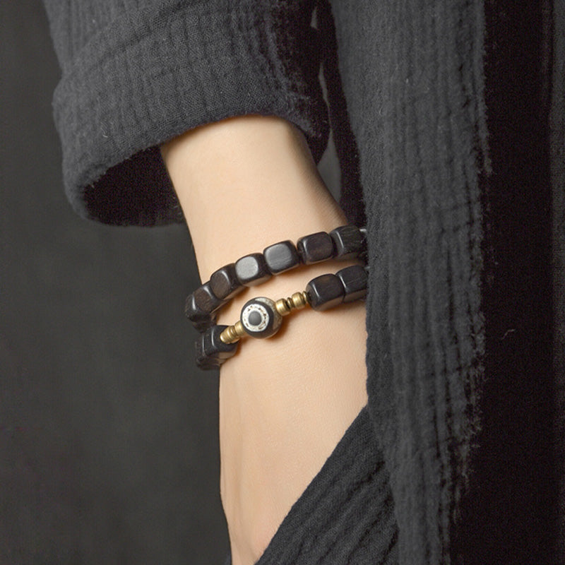 Ebony Wood Spiritual Peace Bracelet with Dzi Beads & Copper