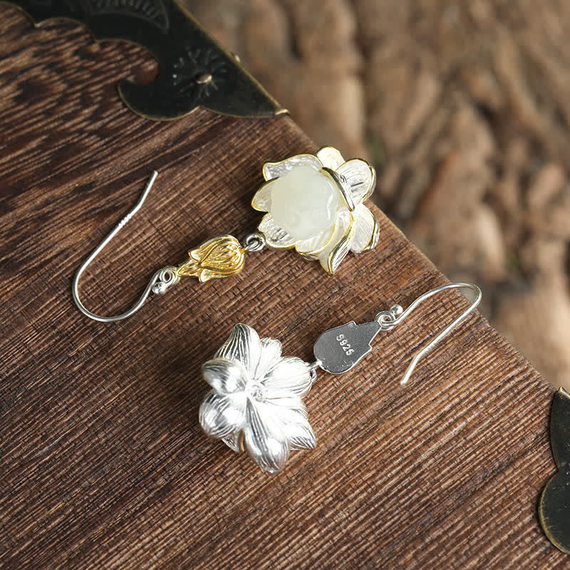 White Jade Protection Harmony Lotus Drop Earrings