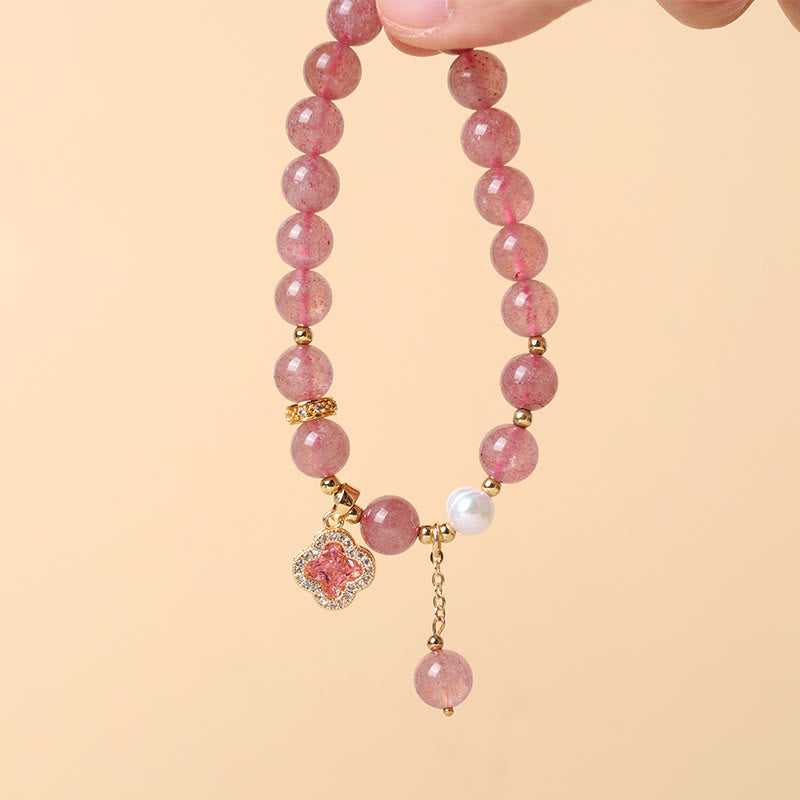 Strawberry Quartz Healing Bracelet with Pearl Clover Charm