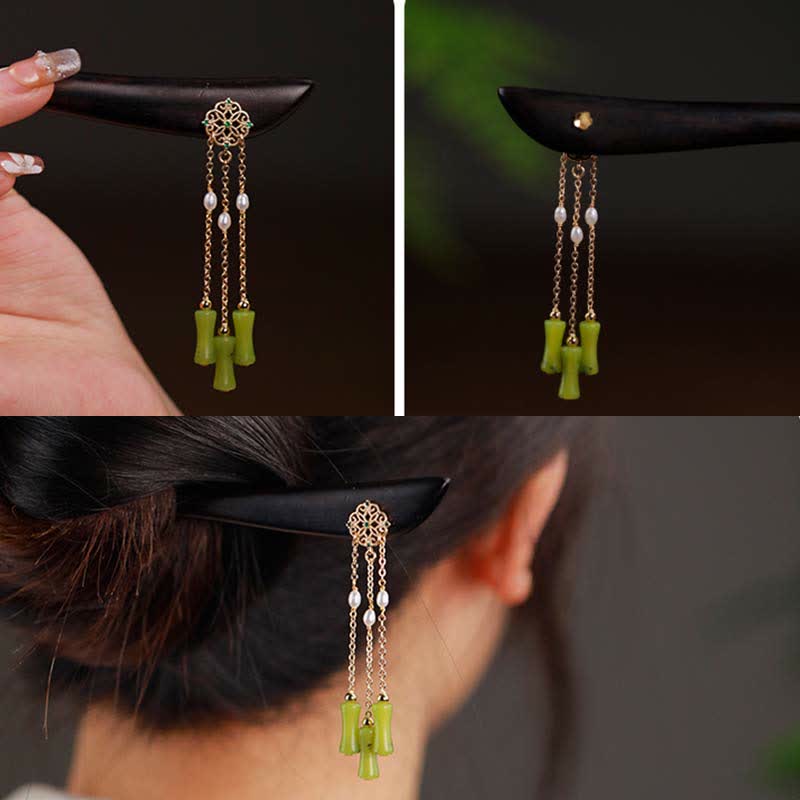 Natural Peridot & Ebony Wood Love Tassels Hairpin