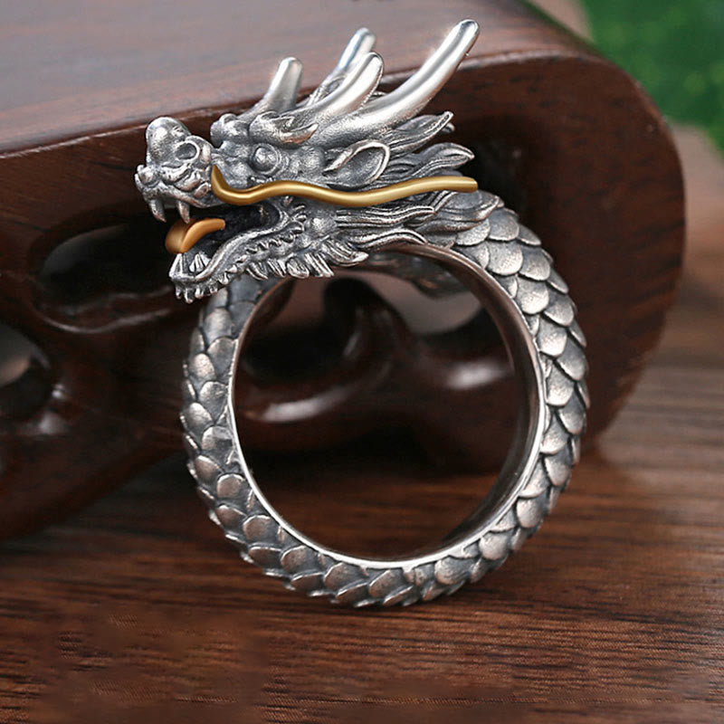 925 Sterling Silver Adjustable Dragon Ring for Protection & Strength
