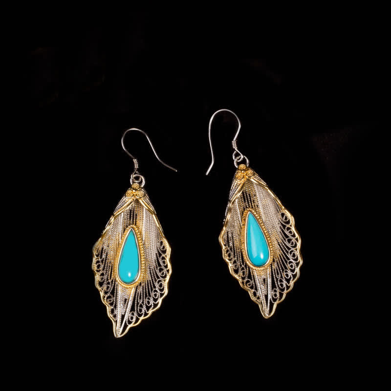 925 Sterling Silver Turquoise Bodhi Leaf Protection Drop Earrings