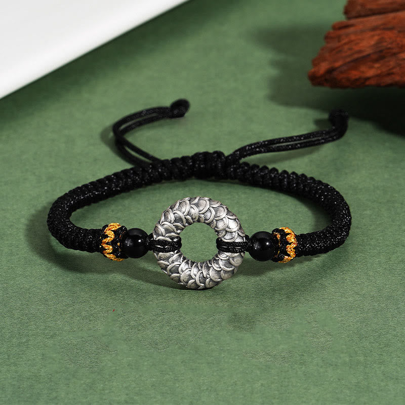 9 cm großes Drachenarmband aus schwarzem Onyx mit Peace-Schnalle aus 999er Sterlingsilber