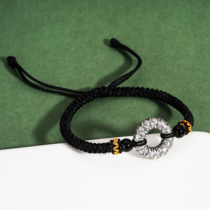 9 cm großes Drachenarmband aus schwarzem Onyx mit Peace-Schnalle aus 999er Sterlingsilber