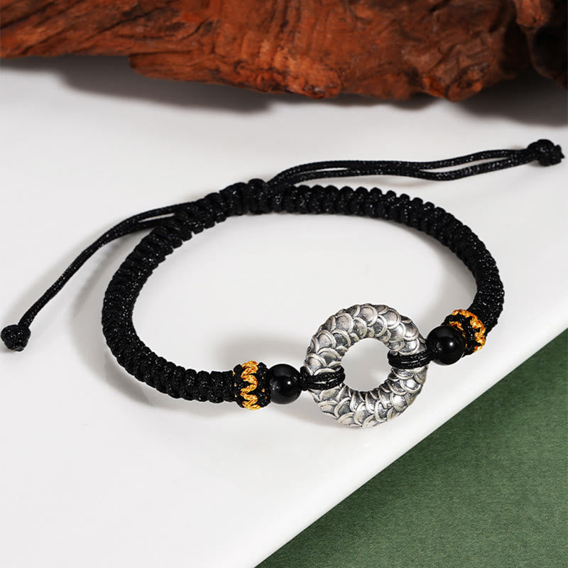 9 cm großes Drachenarmband aus schwarzem Onyx mit Peace-Schnalle aus 999er Sterlingsilber