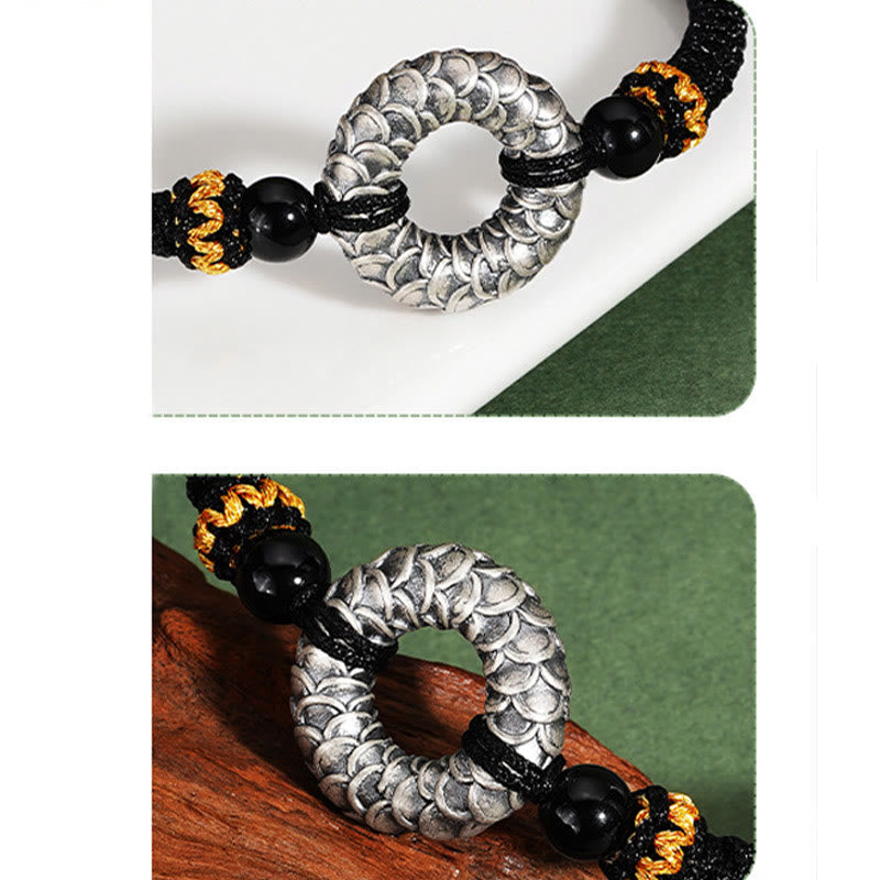 9 cm großes Drachenarmband aus schwarzem Onyx mit Peace-Schnalle aus 999er Sterlingsilber