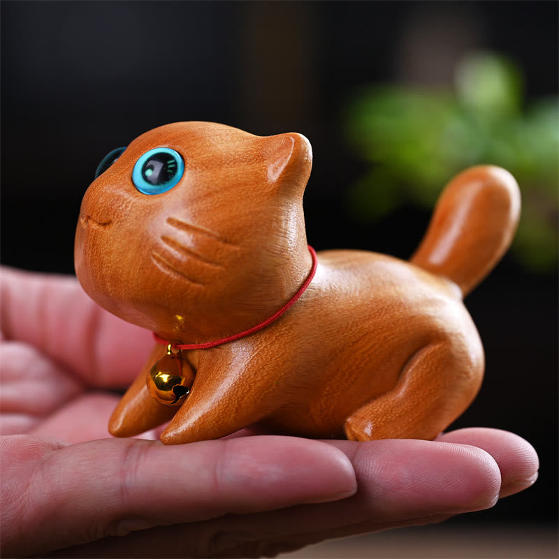 9 cm große Sandelholz-Skulptur „Schlafende Katze“ im Zen-Dekor