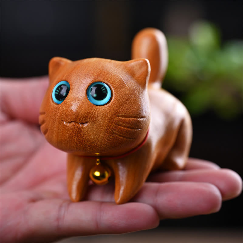 9 cm große Sandelholz-Skulptur „Schlafende Katze“ im Zen-Dekor