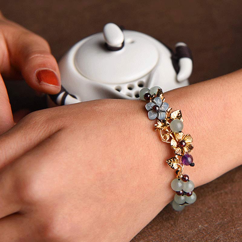 Green Aventurine & Garnet Luck Bracelet with Flower Petals