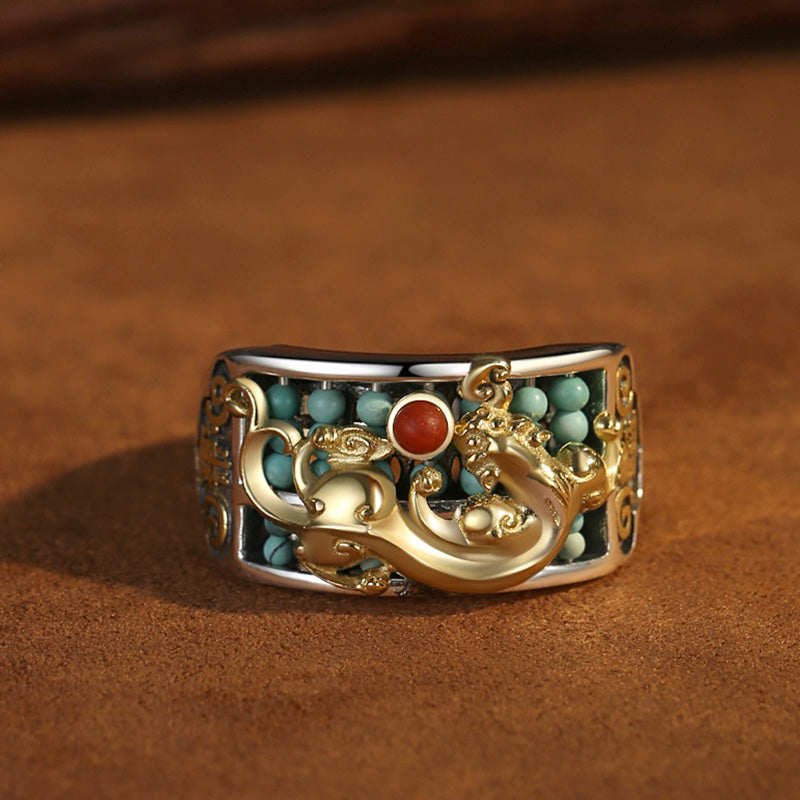 925 Sterling Silver Turquoise Red Agate PiXiu Protection Ring