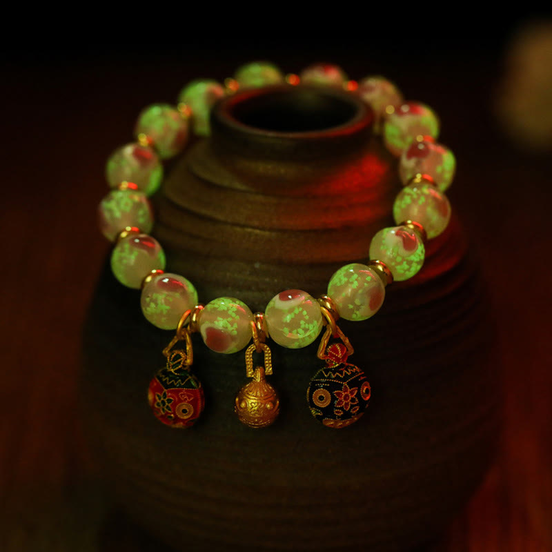 Luminous Pink Love Heart Spiritual Bracelet with Gold Swallowing Beast