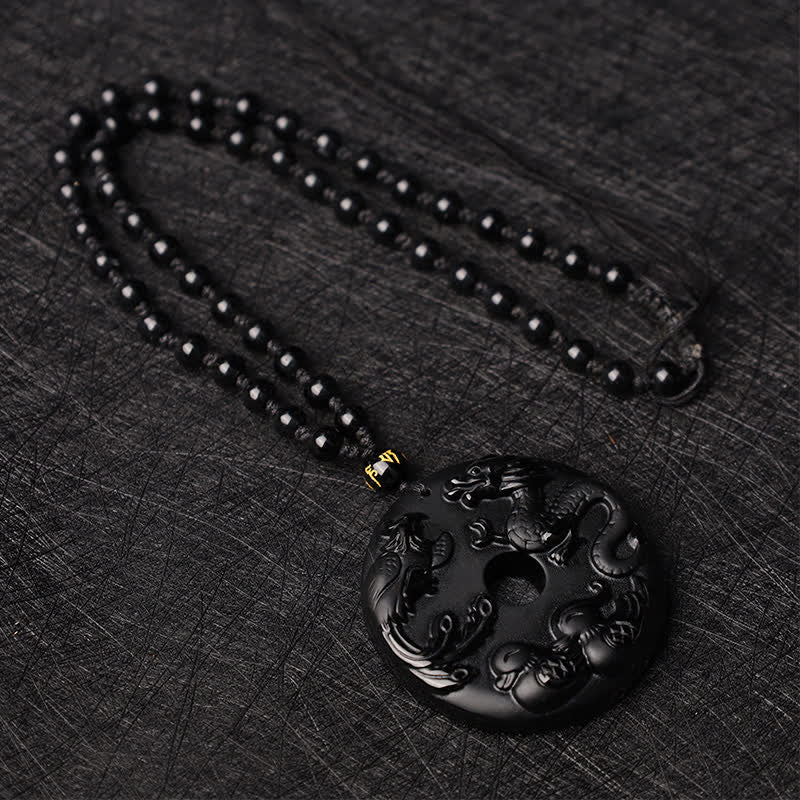Black Obsidian Luck & Protection Necklace with Dragon Pendant