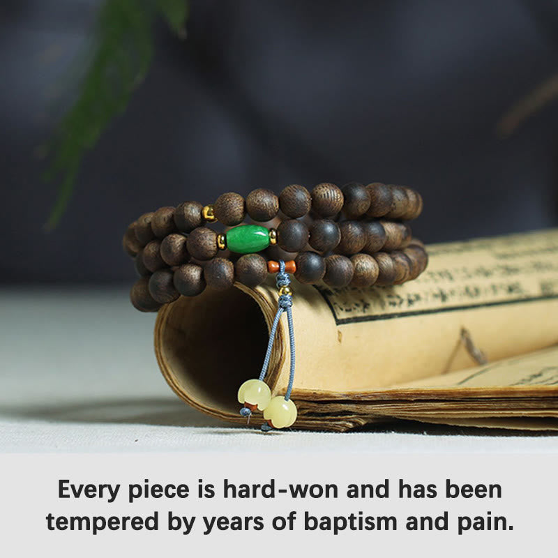 108 Bead Mala Meditation Bracelet with Agarwood Cyan Jade Amber