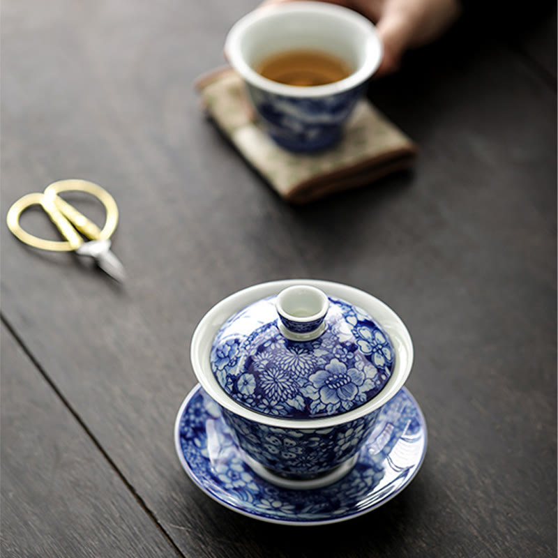 Vintage Blue White Porcelain Gaiwan Tea Cup Set 150ml Meditation