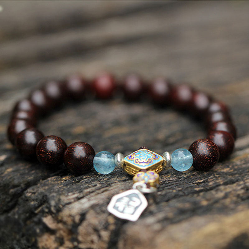 Aquamarine Bracelet with Red Sandalwood & 925 Silver Blessings