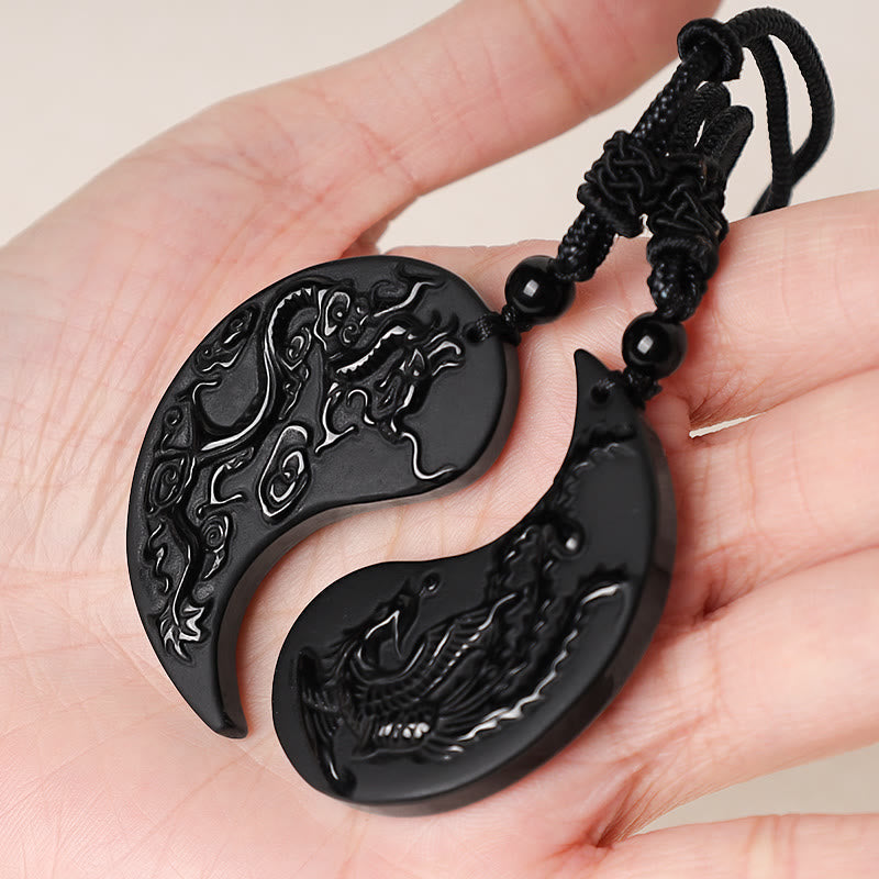 Black Obsidian Yin Yang Dragon Phoenix Necklace