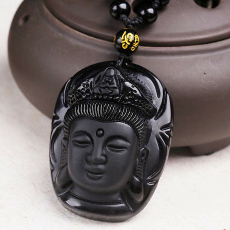 Black Obsidian Strength Necklace with Avalokitesvara Pendant