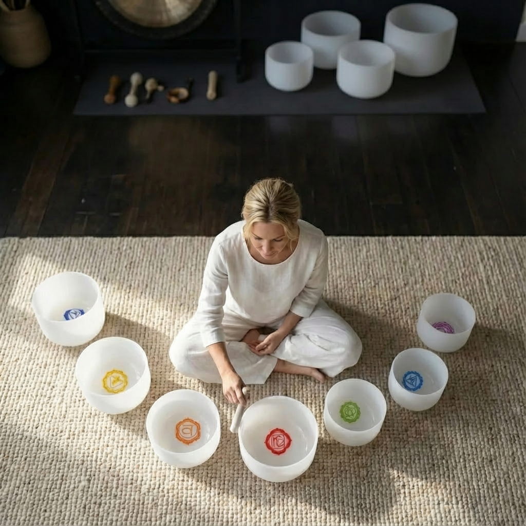 Kristallklangschalen-Set mit Chakra-Symbolen