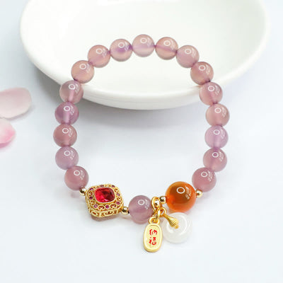 8 mm violettes Chalcedon-Armband mit Peace-Schnalle und Achat für Glück