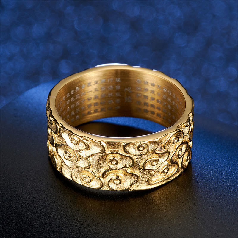 9 mm spiritueller Ring aus Titanstahl mit Herzsutra und glückverheißenden Wolken