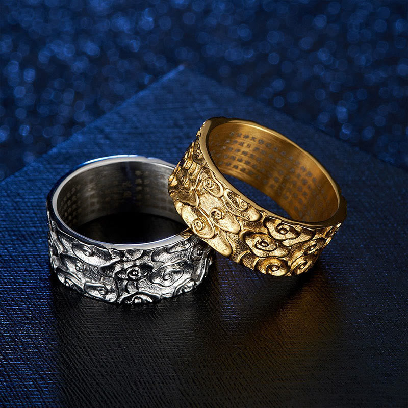 9 mm spiritueller Ring aus Titanstahl mit Herzsutra und glückverheißenden Wolken