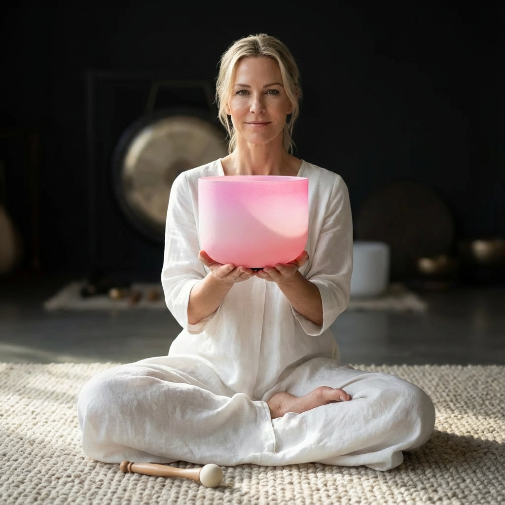 Herzchakra-Klangschale aus Quarzkristall mit F-Note