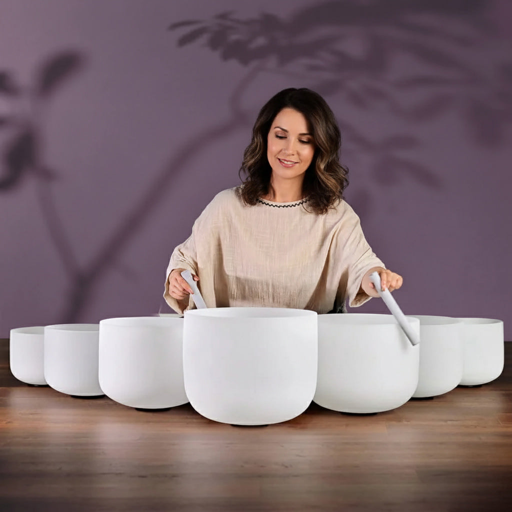 Klangschalen-Set aus weißem, mattiertem Kristallglas – 7-tlg. – 6-16 Zoll