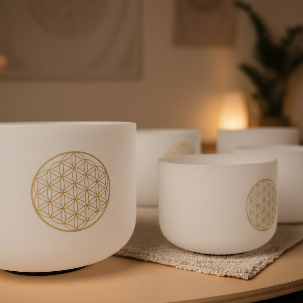 Klangschalen-Set mit Bergkristall „Blume des Lebens“ für tiefe Meditation