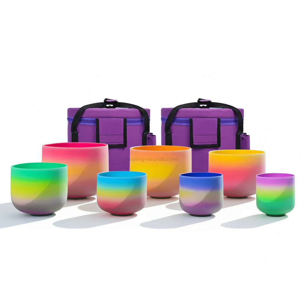 Regenbogen-Klangschalen-Set aus mattiertem Quarzkristall, 7-tlg., 15,2–35,6 cm