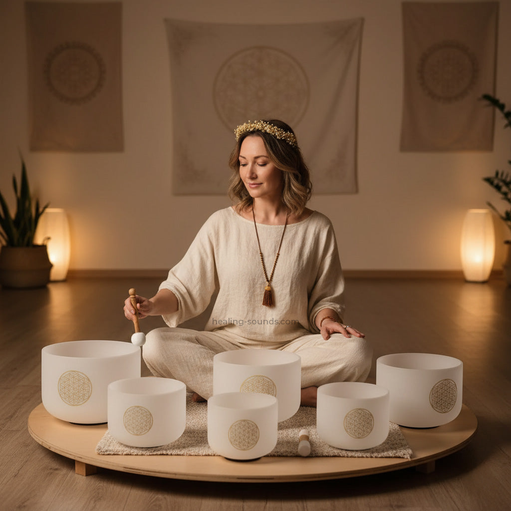 Klangschalen-Set mit Bergkristall „Blume des Lebens“ für tiefe Meditation