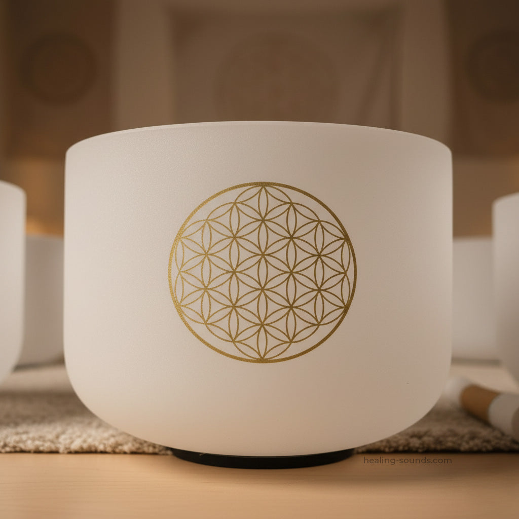 Klangschalen-Set mit Bergkristall „Blume des Lebens“ für tiefe Meditation