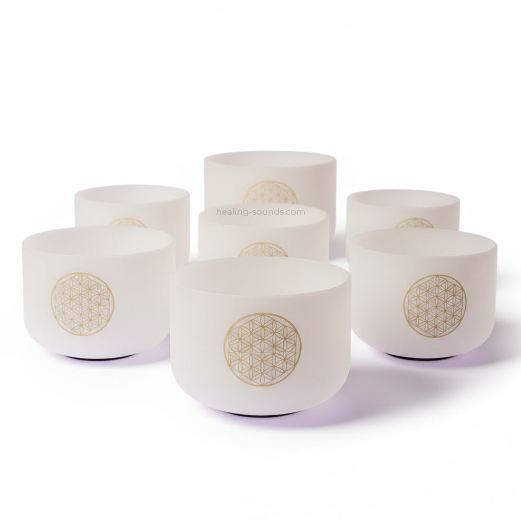 Klangschalen-Set mit Bergkristall „Blume des Lebens“ für tiefe Meditation