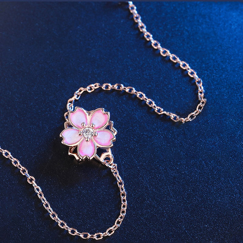 925 Sterling Silver Cherry Blossom Blessing Chain Bracelet with Rotatable Ring