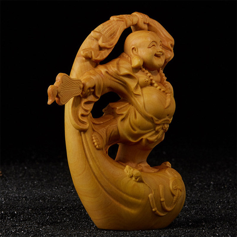 Boxwood Laughing Buddha Statue for Prosperity & Serenity