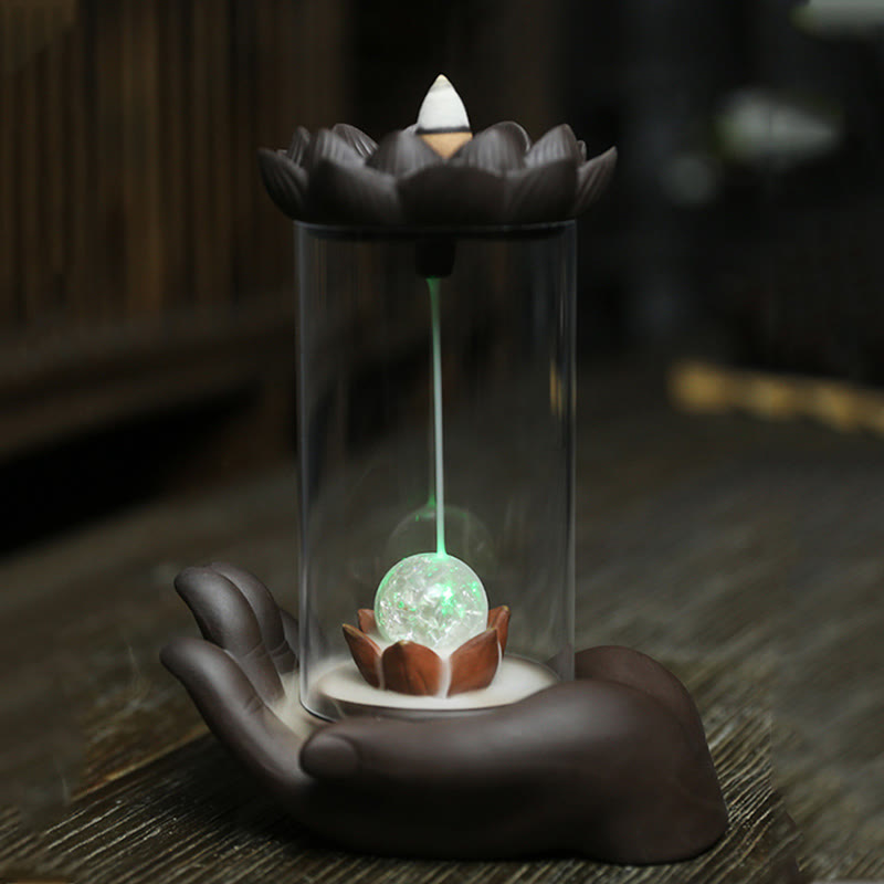 Lila Ton Buddha Hand Lotus Erleuchtung LED Licht Weihrauch Brenner