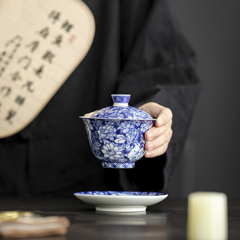 Vintage Blue White Porcelain Gaiwan Tea Cup Set 150ml Meditation