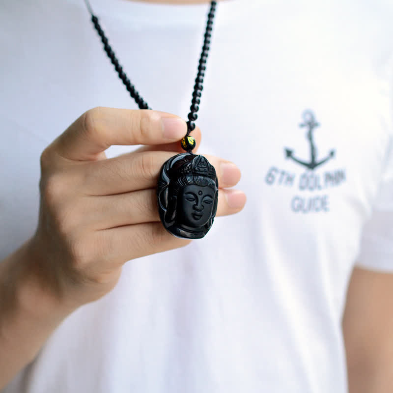 Black Obsidian Strength Necklace with Avalokitesvara Pendant
