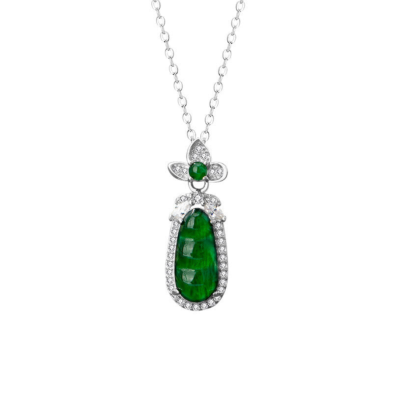 Cyan Jade Pea Design Luck Healing Necklace in 925 Silver