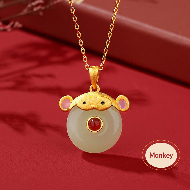 Dragon Zodiac Necklace | Sterling Silver with Hetian Jade & Red Agate
