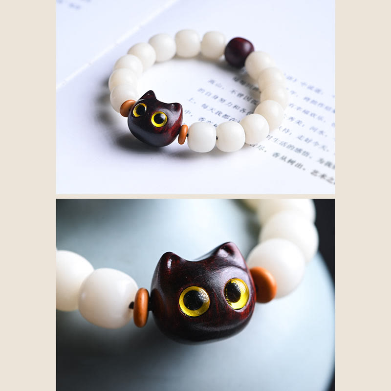 Unisex Bodhi Seed & Wood Lucky Cat Spiritual Bracelet