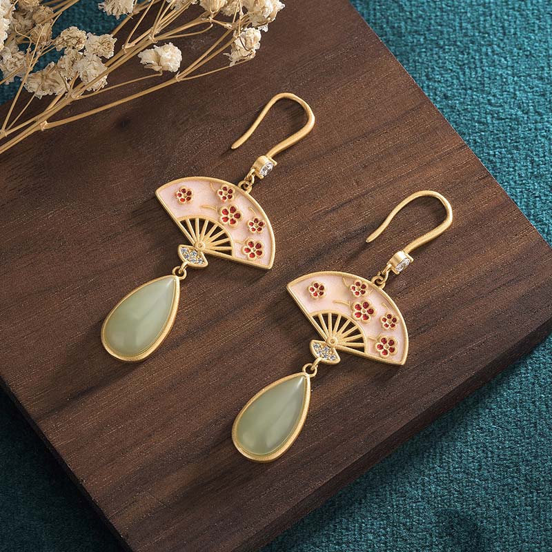 Green Aventurine Luck Drop Earrings | Fan Pattern Design