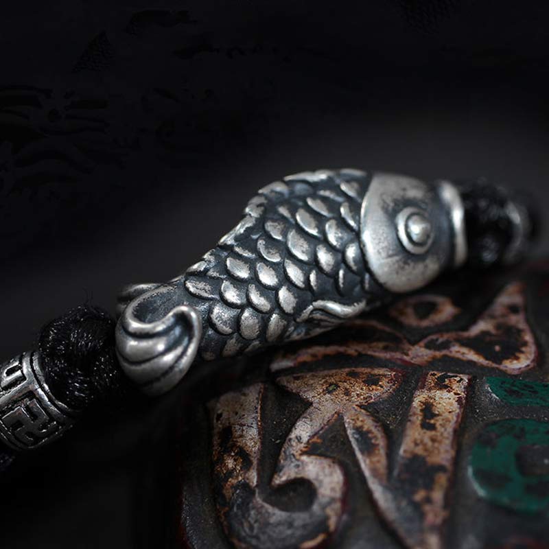 Sterling Silver Koi Fish Bracelet with Red Braided String