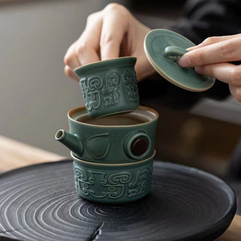 Sanxingdui Chinesisches Teetassen-Set aus Keramik | Kung-Fu-Tee-Geschenk