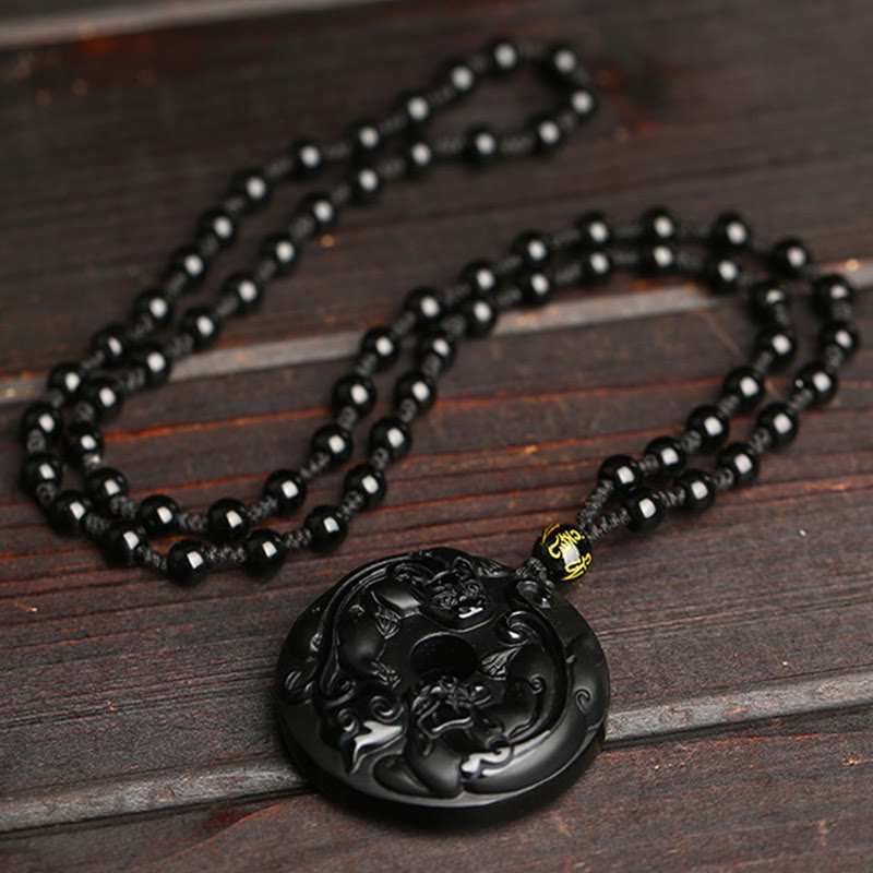 Black Obsidian Peace Buckle Pixiu Strength Necklace