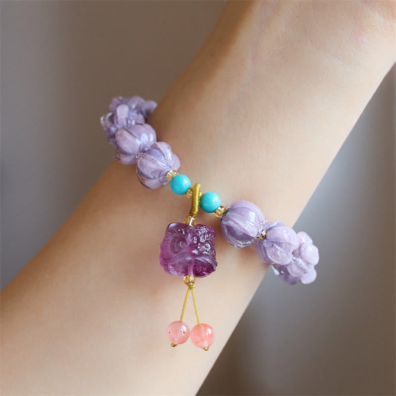 Unisex Fluorite Bracelet with Liuli Glass Beads & Dancing Lion Charm